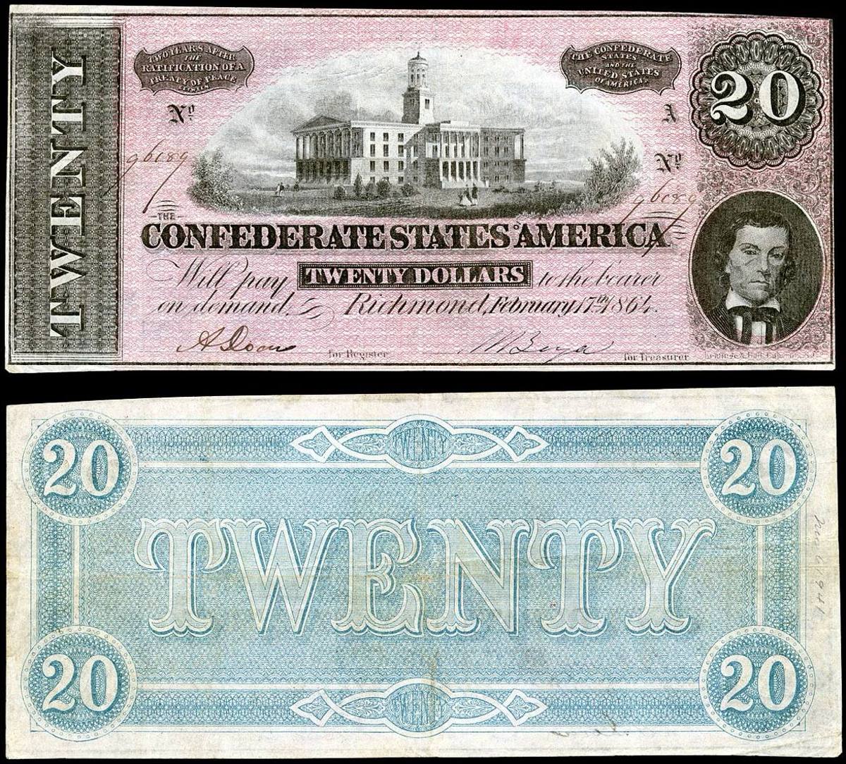 Genuine 1864 Confederate States of America twenty dollar note, type T-67, face and back